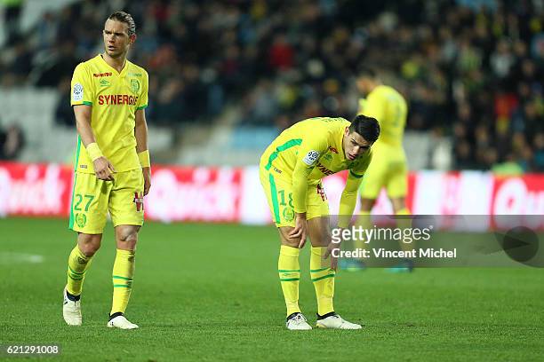 Guillaume Gillet and Mariusz Stepinski of Nantes during the Ligue 1 match between Fc Nantes and Toulouse Fc at Stade de la Beaujoire on November 5,...