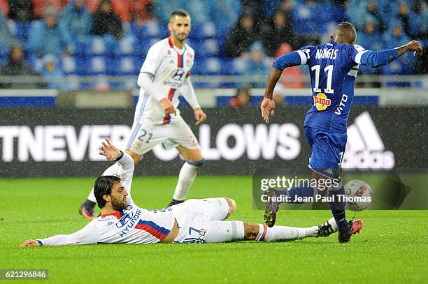 Clement GRENIER of Lyon and Lenny Nangis of Bastia during the Ligue 1 match between Olympique Lyonnais and SC Bastia at Stade de Gerland on November...