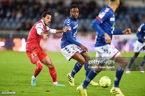 Hugo Rodriguez and Yoann Salmier during the Ligue 2 match between RC Strasbourg and Stade de Reims on November 5, 2016 in Strasbourg, France.