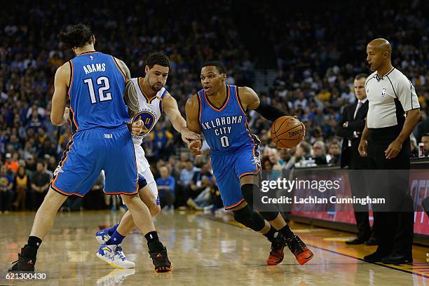 Russell Westbrook of the Oklahoma City Thunder drives to the basket against the Golden State Warriors at ORACLE Arena on November 3, 2016 in Oakland,...