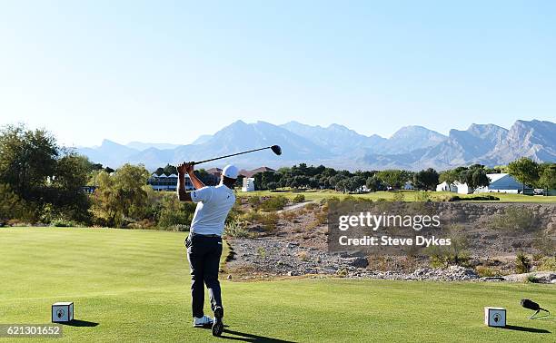 Lucas Glover of the United States plays his shot from the 18th tee during the third round of the Shriners Hospitals For Children Open on November 5,...