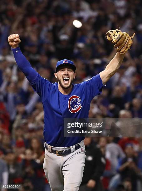 Kris Bryant of the Chicago Cubs celebrates after winning 8-7 in Game Seven of the 2016 World Series at Progressive Field on November 2, 2016 in...
