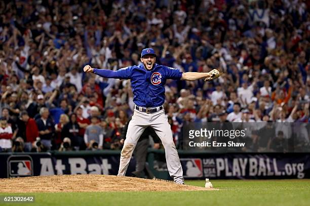 Kris Bryant of the Chicago Cubs celebrates after winning 8-7 in Game Seven of the 2016 World Series at Progressive Field on November 2, 2016 in...