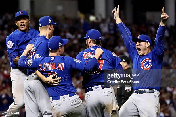Anthony Rizzo of the Chicago Cubs celebrate with his teammates after defeating the Cleveland Indians 8-7 in Game Seven of the 2016 World Series at...