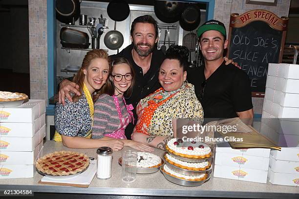 Jessie Mueller, Caitlin Houlahan, Hugh Jackman, Keala Settle and Zac Efron pose backstage at the hit musical "Waitress" on Broadway at The Brooks...