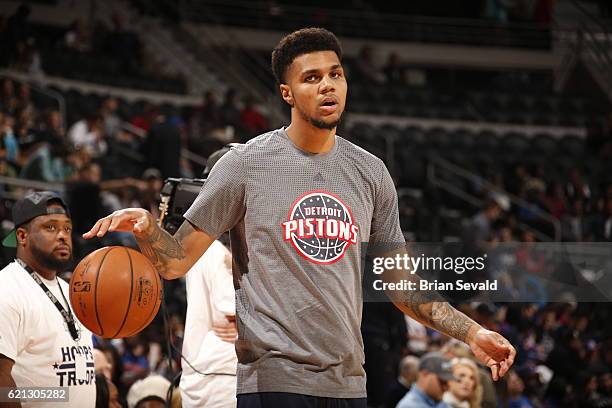 Michael Gbinije of the Detroit Pistons warms up before the game against the Denver Nuggets on November 5, 2016 at The Palace of Auburn Hills in...