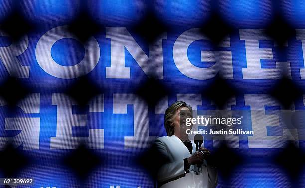 Democratic presidential nominee former Secretary of State Hillary Clinton speaks during a get-out-the-vote concert at the Mann Center for the...