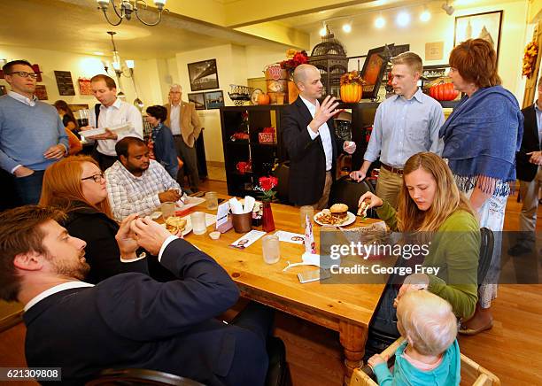 Independent presidential candidate Evan McMullin talks to supporters at the Brick House Cafe on November 5, 2016 in Cedar City, Utah. McMullin is...