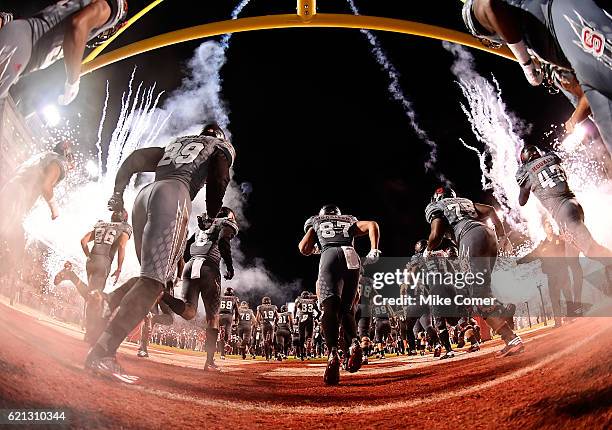 The North Carolina State Wolfpack takes the field for their football game against the Florida State Seminoles at Carter-Finley Stadium on November 5,...