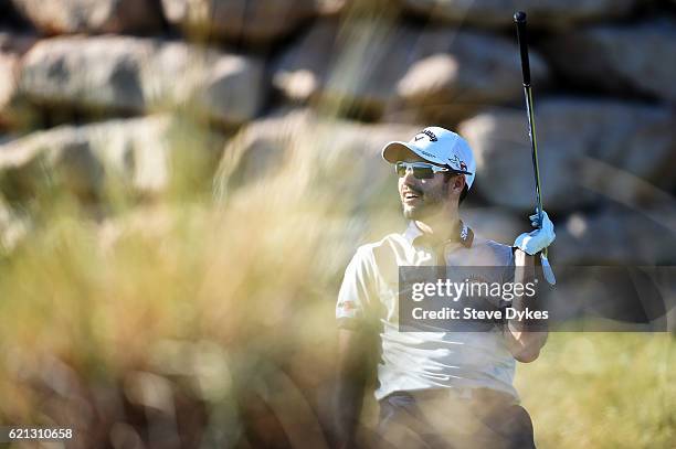 Adam Hadwin of Canada reacts to a missed hole-in-one chance on the 17th tee during the third round of the Shriners Hospitals For Children Open on...