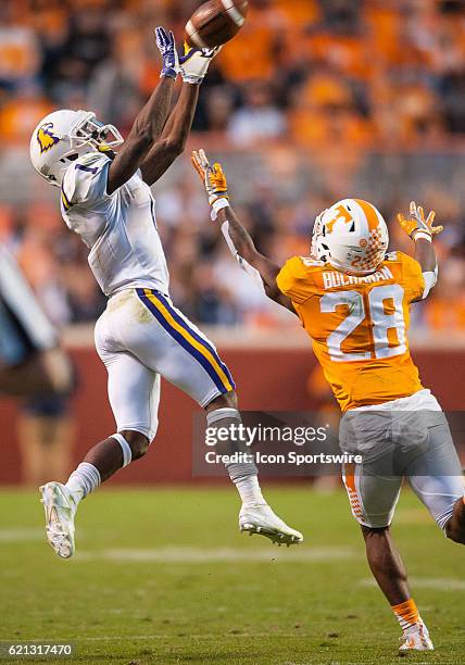 Tennessee Tech Golden Eagles wide receiver Dontez Byrd with a catch over Tennessee Volunteers wide receiver Will Martinez during a game between the...