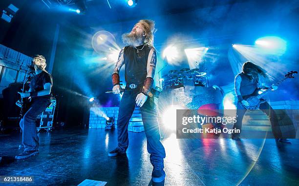 Johan Soderberg, Ted Lundstrom, Jocke Wallgren, Johan Hegg and Olavi Mikkonen of Amon Amarth perform at O2 Academy Birmingham on November 5, 2016 in...