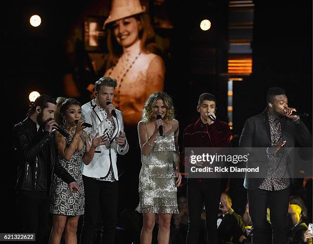 Avi Kaplan, Scott Hoying, Kirstin Maldonado, Kevin Olusola, and Mitch Grassi of PENTATONIX perform onstage with Jennifer Nettles during the 50th...