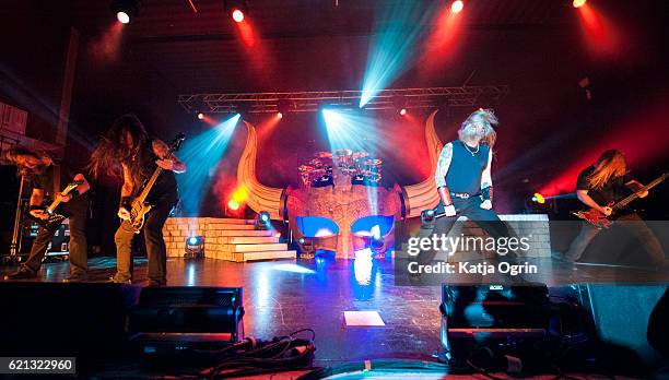 Johan Soderberg, Ted Lundstrom, Jocke Wallgren, Johan Hegg and Olavi Mikkonen of Amon Amarth perform at O2 Academy Birmingham on November 5, 2016 in...