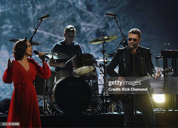 Rhiannon Giddens of Carolina Chocolate Drops joins Eric Church onstage during the 50th annual CMA Awards at the Bridgestone Arena on November 2, 2016...