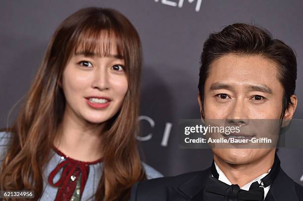 Actors Lee Min-jung and Lee Byung-hun attend the 2016 LACMA Art + Film Gala honoring Robert Irwin and Kathryn Bigelow presented by Gucci at LACMA on...