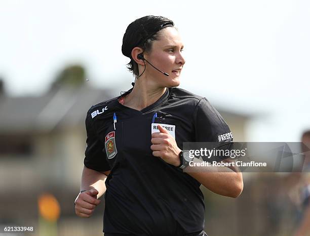 Referee Kate Jacewicz looks on during the round one W-League match between Melbourne City and the Newcastle Jets at CB Smith Reserve on November 6,...