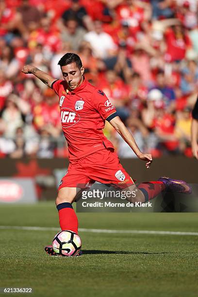Sergio Guardiola of Adelaide United takes a penalty kick to score a goal during the round five A-League match between Adelaide United and the Central...