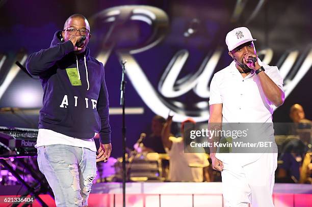 Recording artists Markell Riley of Wreckx-n-Effect and Teddy Riley perform during rehearsals for the 2016 Soul Train Music Awards on November 5, 2016...