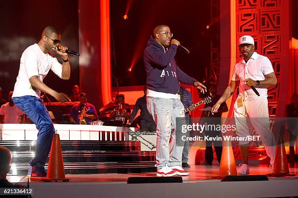 Recording artists Aqil Davidson and Markell Riley of Wreckx-n-Effect and Teddy Riley perform during rehearsals for the 2016 Soul Train Music Awards...