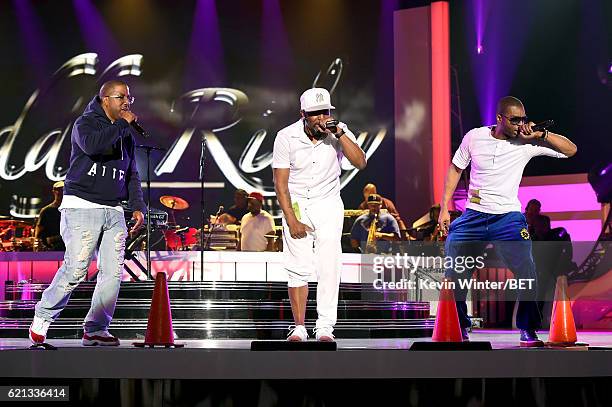 Recording artists Markell Riley of Wreckx-n-Effect, Teddy Riley, and Aqil Davidson of Wreckx-n-Effect perform during rehearsals for the 2016 Soul...