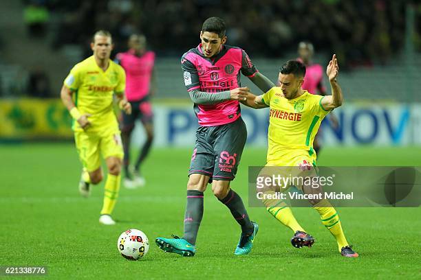 Yann Bodiger of Toulouse and Adrien Thomasson of Nantes during the Ligue 1 match between Fc Nantes and Toulouse Fc at Stade de la Beaujoire on...