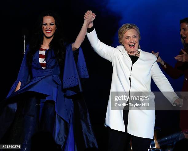 Katy Perry and Hillary Clinton attend a GOTV rally at Mann Center For Performing Arts on November 5, 2016 in Philadelphia, Pennsylvania.