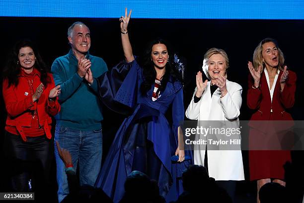 Debra Messing, Bob Casey, Katy Perry, Hillary Clinton, and Katie McGinty attend a campaign rally for Hillary Clinton at Mann Center For Performing...