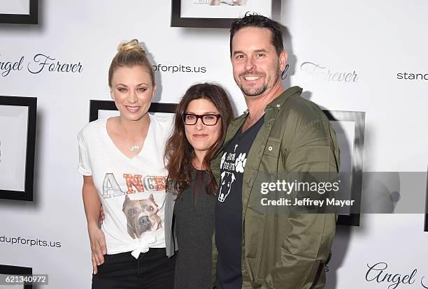 Actress Kaley Cuoco, Rebecca Corry and Chad Atkins arrive at the Stand Up For Pits at The Hollywood Improv on November 5, 2016 in Hollywood,...