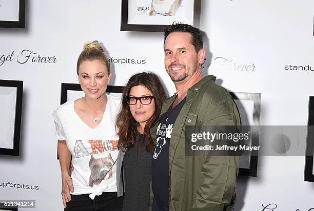 Actress Kaley Cuoco, Rebecca Corry and Chad Atkins arrive at the Stand Up For Pits at The Hollywood Improv on November 5, 2016 in Hollywood,...