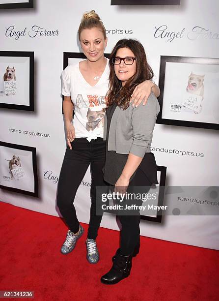 Actress Kaley Cuoco and comedian Rebecca Corry arrive at the Stand Up For Pits at The Hollywood Improv on November 5, 2016 in Hollywood, California