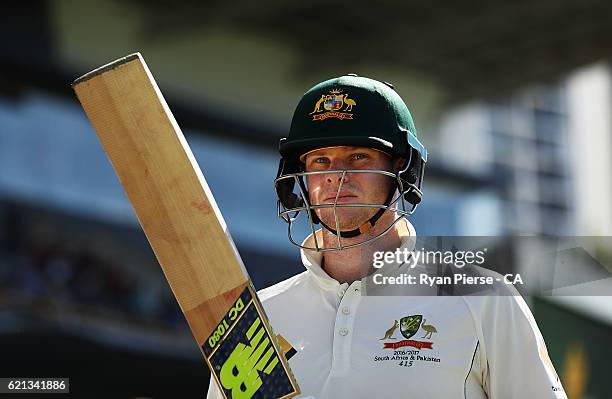 Steve Smith of Australia walks out to bat during day four of the First Test match between Australia and South Africa at WACA on November 6, 2016 in...