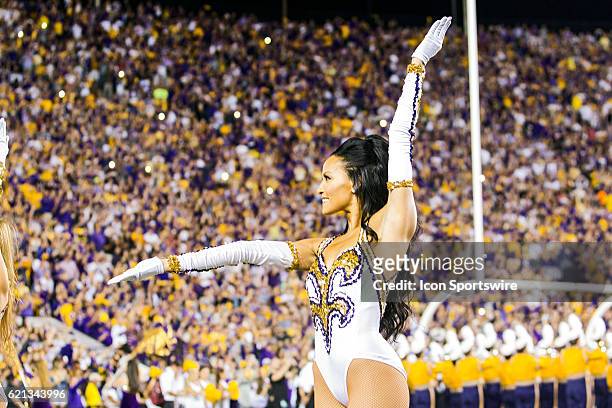 The LSU Golden Girls entertain the crowd during the Alabama Crimson Tide at LSU Tigers game on November 5 at Tiger Stadium in Baton Rouge, LA.