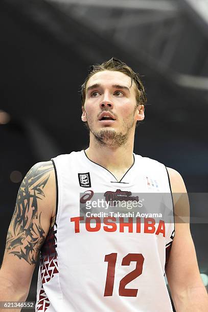 Ryan Spangler of the Kawasaki Brave Thunders looks on during the B. League match between Yokohama B-Corsairs and Toshiba Kawasaki Brave Thunders at...