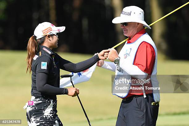 Pornanong Phatlum of Thailand celebrates after maing her irdie putt on the 7th hole during the final round of the TOTO Japan Classics 2016 at the...