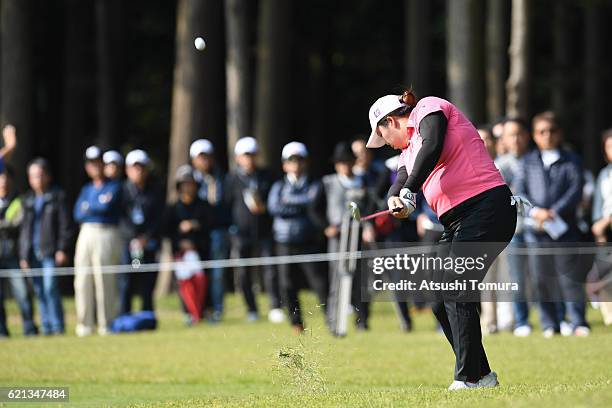 Shanshan Feng of China hits her third shot on the 9th hole during the final round of the TOTO Japan Classics 2016 at the Taiheiyo Club Minori Course...