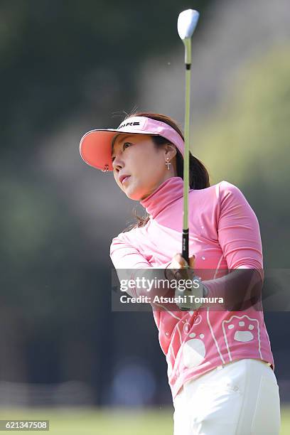 Soo-Yun Kang of South Korea hits her third shot on the 9th hole during the final round of the TOTO Japan Classics 2016 at the Taiheiyo Club Minori...