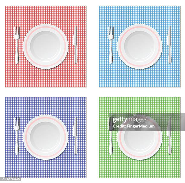dinner plate top view - tablecloth overhead stock illustrations