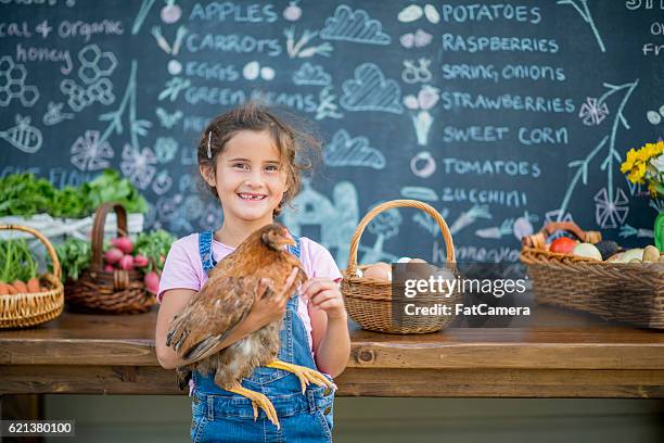 petite fille tenant son poulet - main verte photos et images de collection