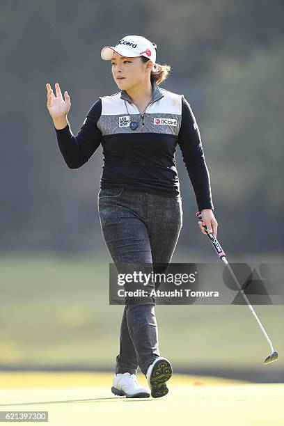 Ha Na Jang of South Korea celebrates after making her birdie putt on the 16th hole during the final round of the TOTO Japan Classics 2016 at the...