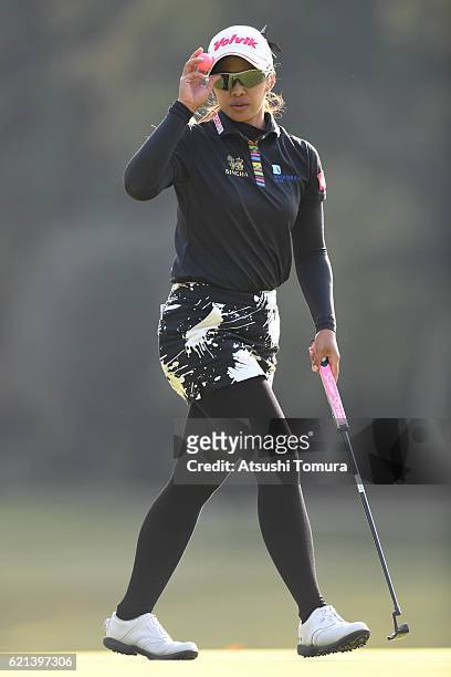 Pornanong Phatlum of Thailand reacts during the final round of the TOTO Japan Classics 2016 at the Taiheiyo Club Minori Course on November 6, 2016 in...