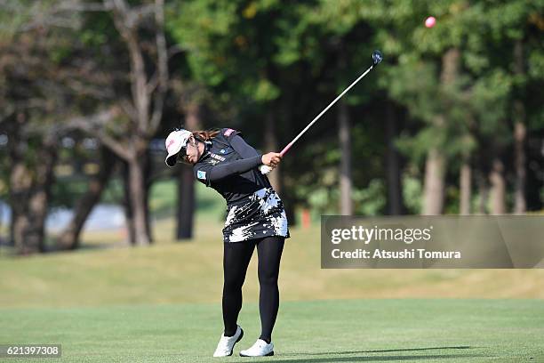 Pornanong Phatlum of Thailand hits her second shot on the 12th hole during the final round of the TOTO Japan Classics 2016 at the Taiheiyo Club...