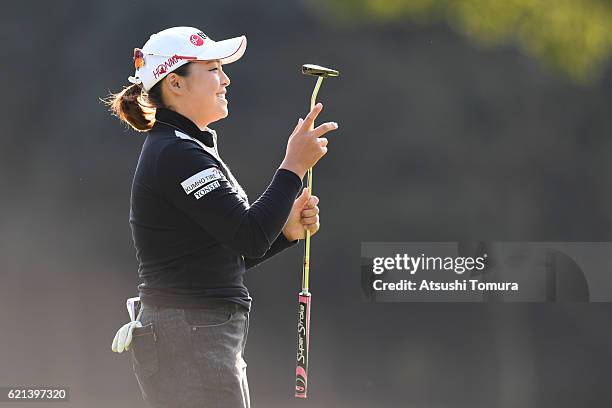 Ha Na Jang of South Korea celebrates after making her birdie putt on the 16th hole during the final round of the TOTO Japan Classics 2016 at the...