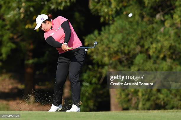 Shanshan Feng of China hits her second shot on the 14th hole during the final round of the TOTO Japan Classics 2016 at the Taiheiyo Club Minori...