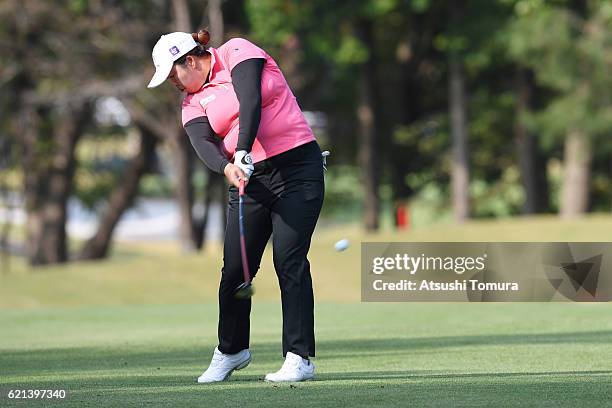 Shanshan Feng of China hits her second shot on the 12th hole during the final round of the TOTO Japan Classics 2016 at the Taiheiyo Club Minori...