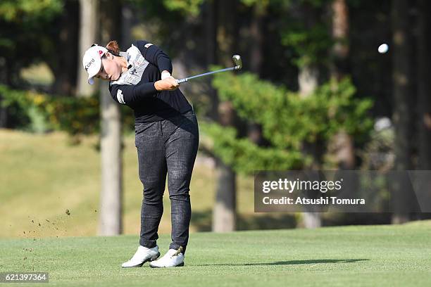 Ha Na Jang of South Korea hits her second shot on the 12th hole during the final round of the TOTO Japan Classics 2016 at the Taiheiyo Club Minori...