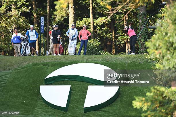 Shanshan Feng of China hits her tee shot on the 14th hole during the final round of the TOTO Japan Classics 2016 at the Taiheiyo Club Minori Course...