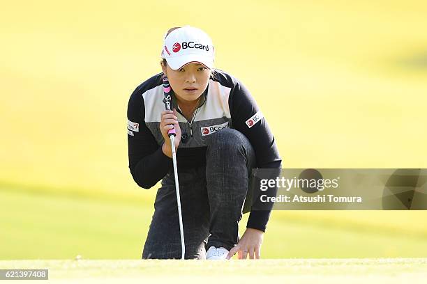 Ha Na Jang of South Korea lines up her birdie putt on the 16th hole during the final round of the TOTO Japan Classics 2016 at the Taiheiyo Club...