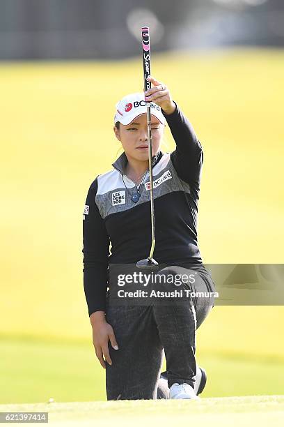 Ha Na Jang of South Korea lines up her birdie putt on the 16th hole during the final round of the TOTO Japan Classics 2016 at the Taiheiyo Club...