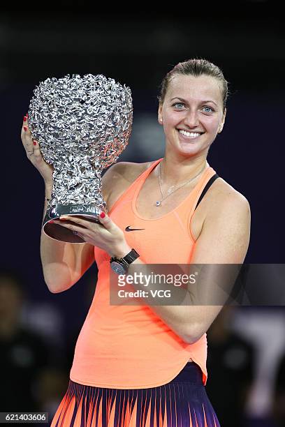 Petra Kvitova of the Czech Republic poses with her trophy after winning the women's singles final match against Elina Svitolina of Ukraine on Day six...